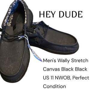 Hey Dude Men's Wally Stretch Canvas Slip On Shoes Black/Black US 11 Nwt/Nwob